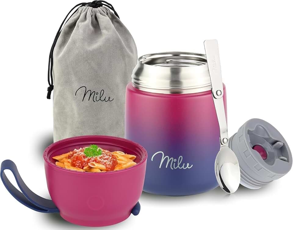 Milu® Thermobehälter für Essen 450ml, Edelstahl, Thermo Lunchbox, Suppenbehälter to go, Thermobox, Thermodose zum Warmhalten Suppen, Babybrei, Speisebehälter, breiwärmer unterwegs, Berry Blau 450ml