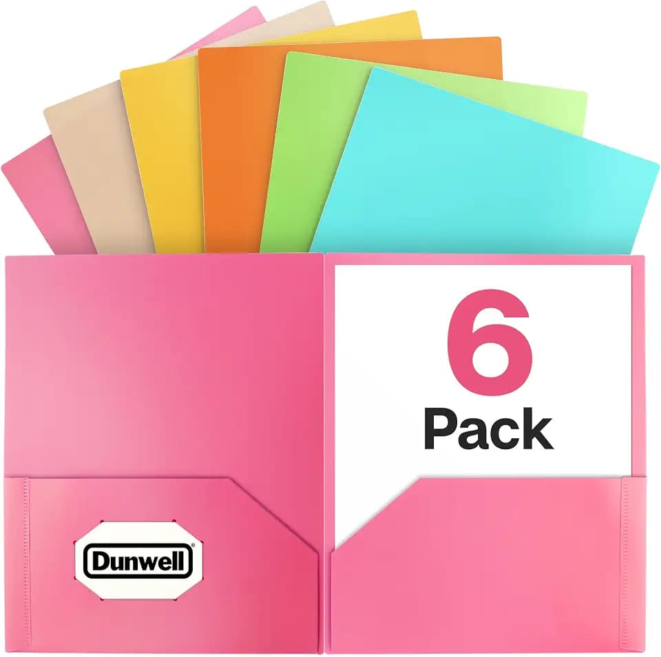 Dunwell Plastic 2-Pocket Folders, Pastel, 8.5x11, 6 Pack, Poly
