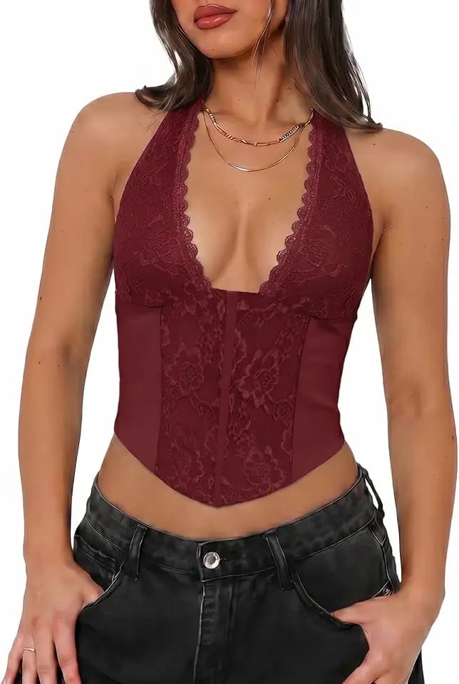 UNCOOYEE Women Sexy Lace Halter Top Backless Y2k Going Out Corset Crop Top