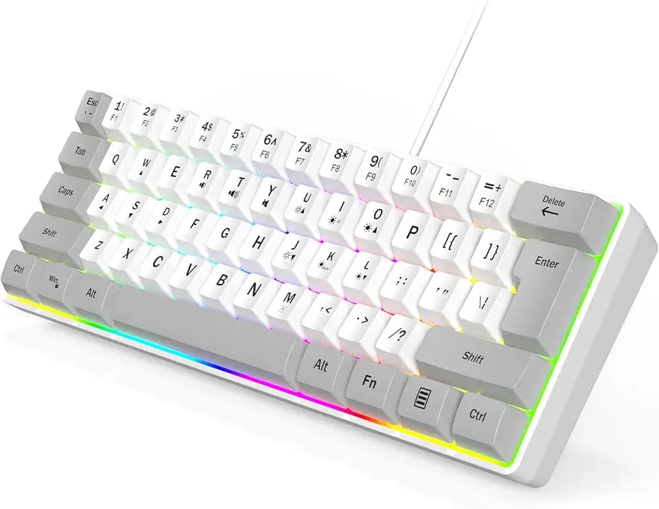 Wired RGB Gaming Membrance Keyboard. 60 Percent Mini Creamy LED Computer Keyboard .Small Ergonomic Clicky Teclado with ABS Backlit Unreplaceable Keycaps. (White Case + Grey Keycaps)