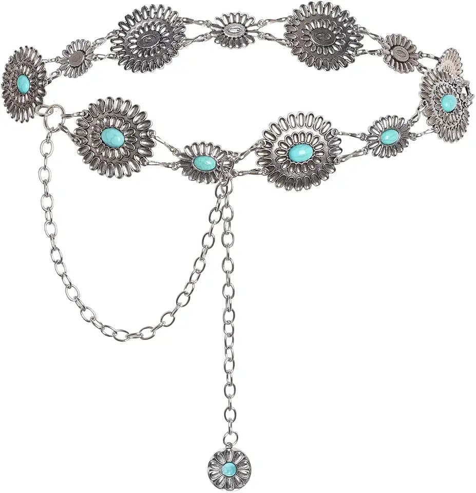 Topbuti Western Metal Oval Concho Chain Belt for Women Cowgirl Turquoise Waist Chain Belt for Dresses Jeans Western