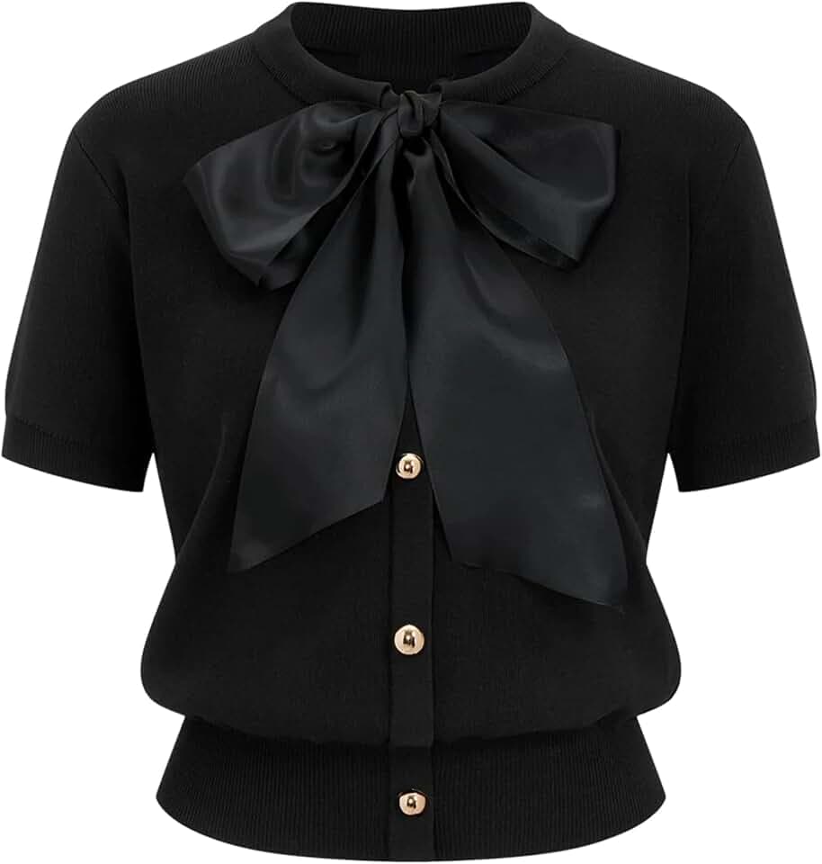 Yeokou Women's Satin Bow Short Sleeve Knit Cardigan Metal Button Crew Neck Casual Sweater Top for Office Casual Daily