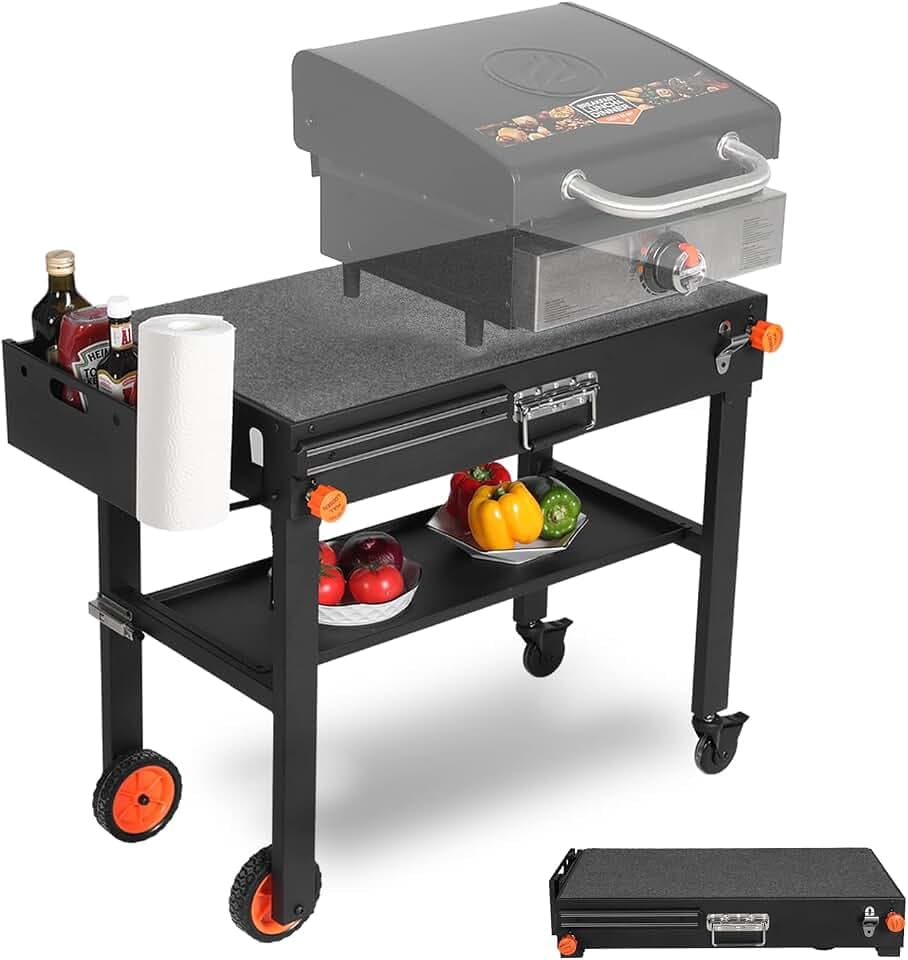 Portable Outdoor Grill Table, Folding Grill Cart with Wheels