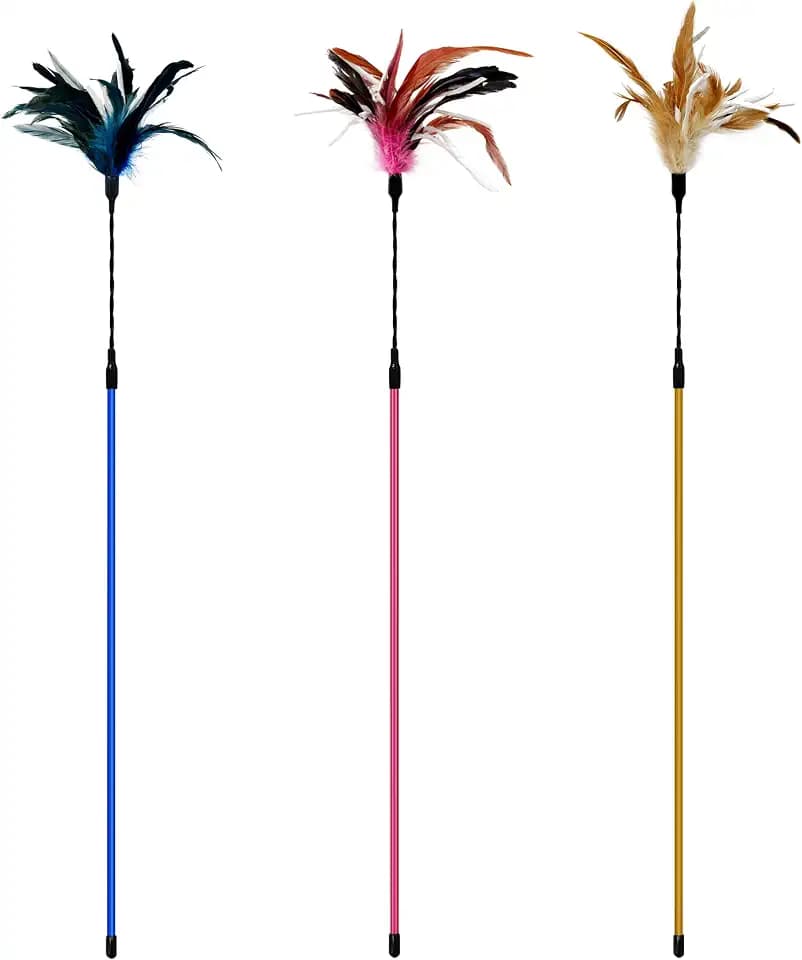TTcat 3 Pack 22.8" Extra Long Cat Feather Wand Toys, Colorful Interactive Cat Teaser Wands with Flexible Bendable Wire, Natural Feather & Crinkle Paper, Play Toy for Indoor Kittens and Cats.