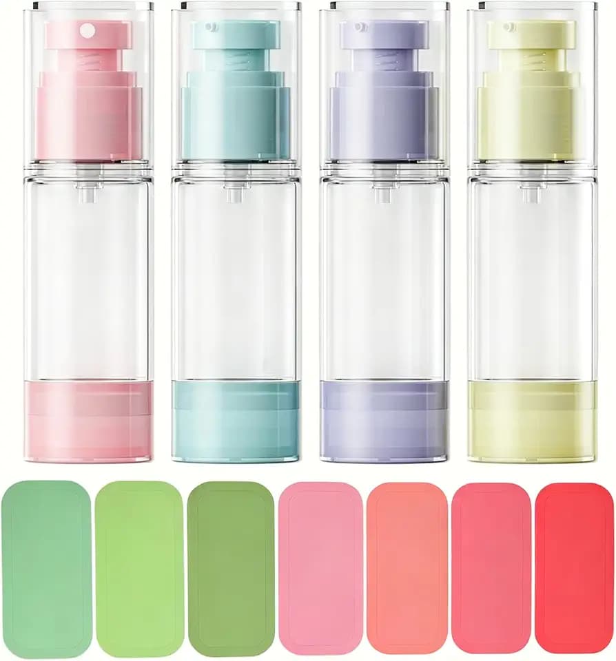 4 Pack 1oz/30ml Travel Airless Pump Bottles, Leakproof Vacuum Dispensers, 4 Colors Empty Cosmetic Containers with 21 Labels for Lotion, Creams and Foundation