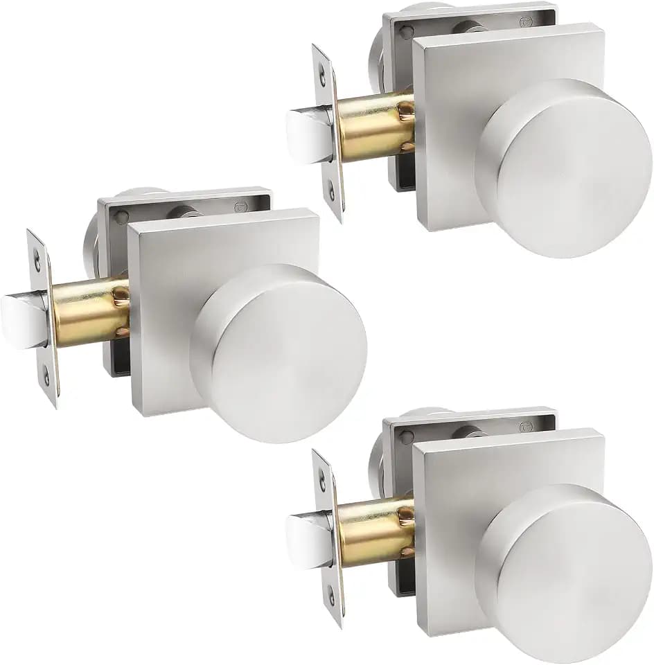 Probrico Door Knobs Brushed Nickel Interior Handles for Closet and Hallway Doors, Keyless Door Knobs No Lock, Interior Doorknobs on Square Rose, 3 Pack