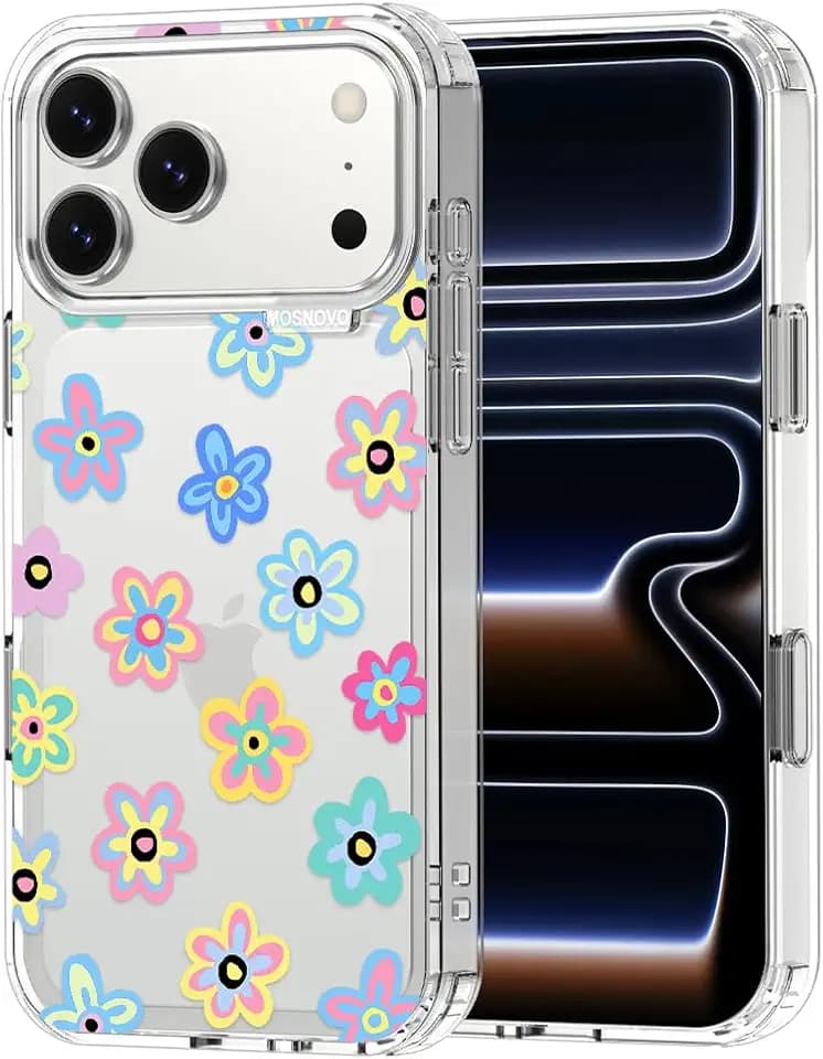 MOSNOVO for iPhone 17 Pro Max Case | Military Grade 6.6ft Drop Tested | Camera Control | Clear with Groovy Flower Design
