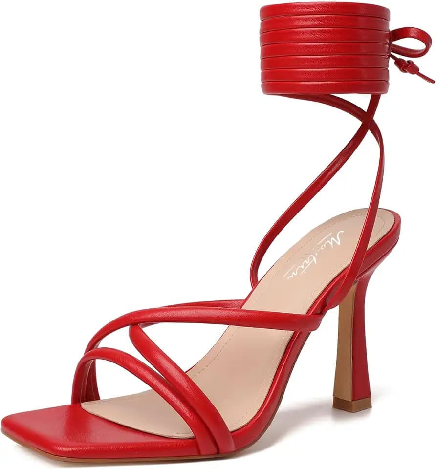 Mostrin Womens Sandals Strappy Heels for Women Lace Up Square Open Toe Heels Tie Up High Heeled Sandals for Prom, Party, Daily Wear