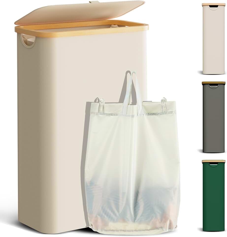 YOUDENOVA Wäschekorb mit Deckel 48L Wäschesammler schmal mit Wäschesack faltbarer Wäschesortierer Holz Bambus Wäschetruhe hoch Laundry Baskets, Beige