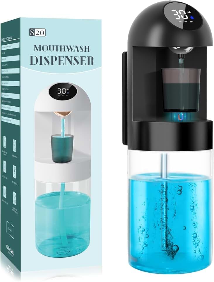 Automatic Mouthwash Dispenser for Bathroom, 20.29 Oz Dispensers with Magnetic Cups,Wall Mounted Dispenser,3 Dispensing Levels,Bathroom Accessories,House-Warming Gifts (Black)