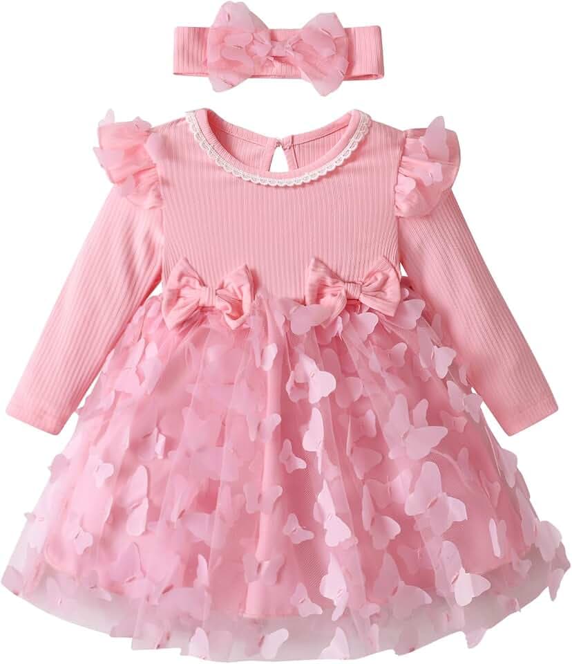 Kleid für Kleinkinder, Baby, Mädchen, Netzstoff, Tüll, Schmetterlings-Druck, langärmelig