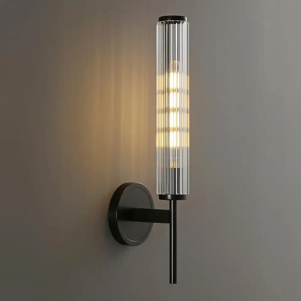 18.9" Matte Black Wall Sconce with Ribbed Groove Glass Solid Brass Material