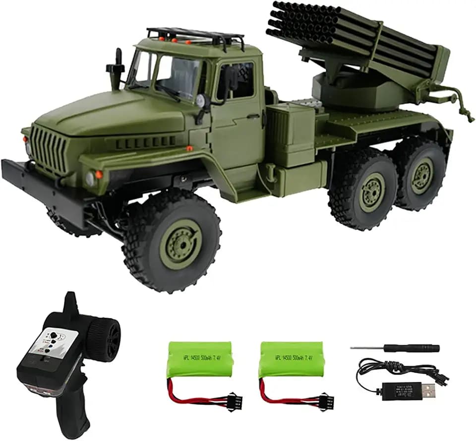 1:16 Scale RC Military Trucks, 4 Channel 6x6 RC Rocket Artillery Missile Vehicle with Dual Battery 5KM/H Speed 30M Range Original Model BM-21 Rocket System
