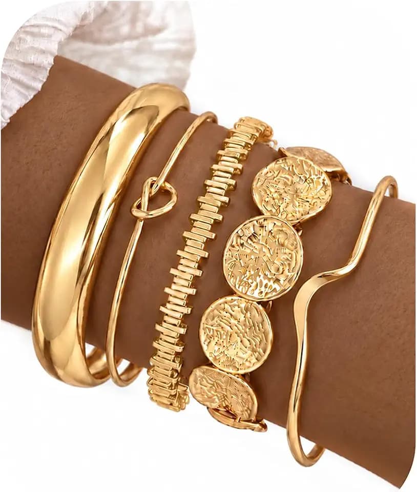 5Pcs Gold Bangle Bracelets for Women, Chunky Stackable Cuff Bracelet Set