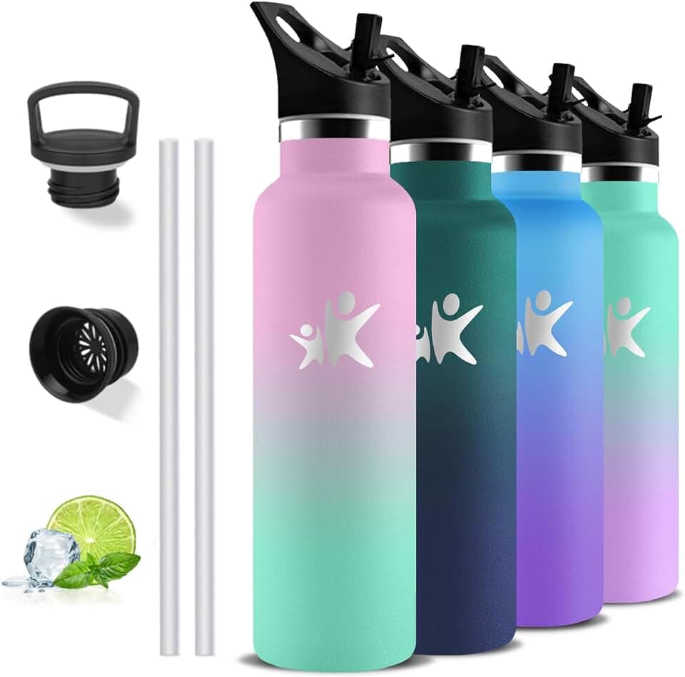 Trinkflasche Edelstahl, Trinkflasche 1l, BPA-Frei Thermosflasche mit Strohhalm, Doppelwandige Vakuumisolierte,Thermosflasche Auslaufsicher, Wasserflasche für Sport, Yoga, Camping
