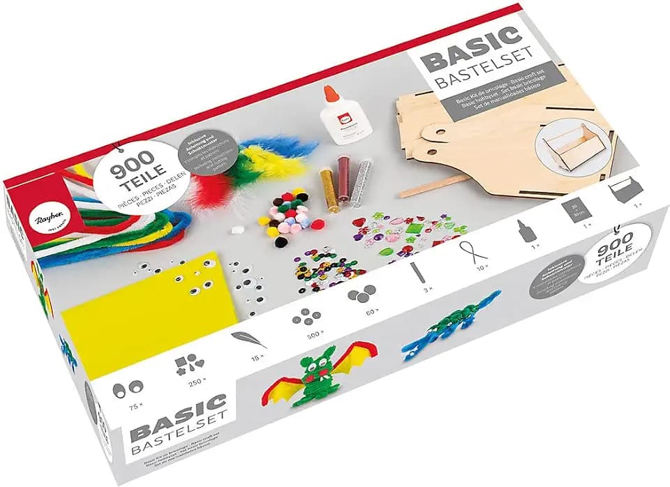 Rayher 69217000 Basic Bastelset, 900 Teile, mit Holzbox, Bastelset Kinder, Kreativset, Pfeifenreiniger, Pompons, Federn, Wackelaugen, Pailletten, Bastelkleber, basteln Kindergeburtstag, Bunt