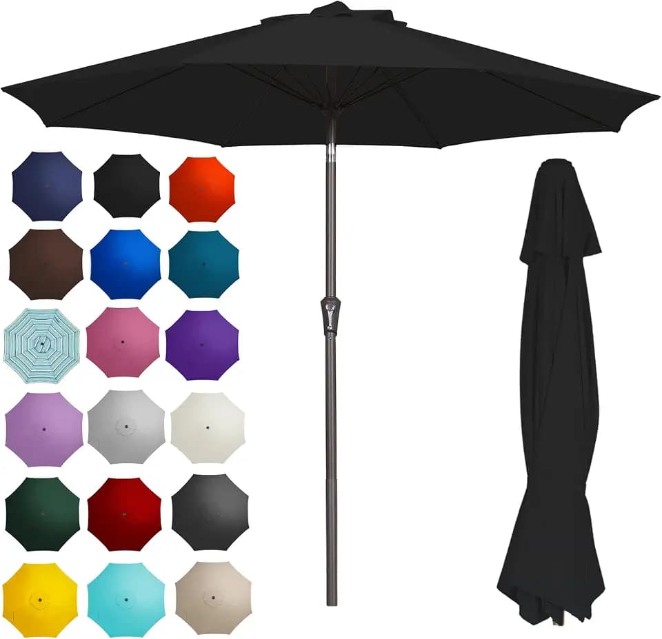 PatioKingdom 9FT Patio Outdoor Umbrella-UPF 50+ Sun Shade with Wind Vent, Push-Button Tilt & Smooth Crank Lift, Rust-Resistant Fiberglass Frame for Garden, Backyard,Yard (Black)