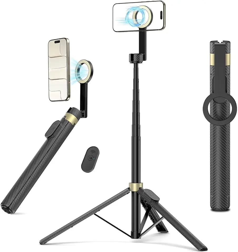 Magnetic Tripod for iPhone, Selfie Stick Tripod Mount Ring for Magsafe, 360° Rotatable Portable Travel Tripod Cell Phone Stand with Metal Ring & Remote, Compatible with iPhone Android, 65"