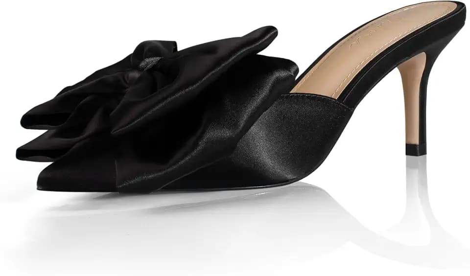 iadore Women's High Heel Sandals, 3'' Satin Closed Pointed Toe Oversized Bow Slip-on Stiletto Slippers Party Prom Casual Dress Mules