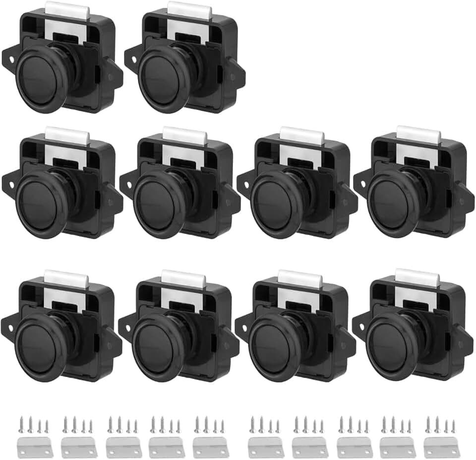 Schlüssellos RV Schrankschlösser mit Groß Push Button, ABS RV Cabinet Catch Verriegelung für RV Wohnmobile Wohnmobil-Anhänger Wohnwagen Van Yachten Boote (Schwarz 10 Stück)