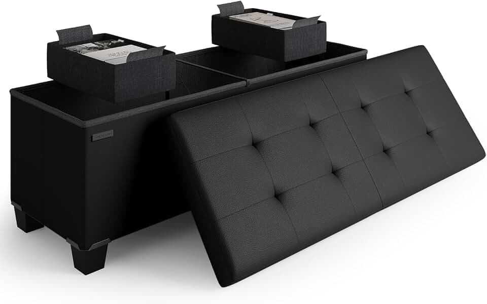 Ottoman Bench with Storage Bins, 43-In Storage Bench for Bedroom, Ottoman Foot Rest, Black Ottoman, Bench with Storage Max 660lbs, Faux Leather Ottoman (SB-STRGBNCH-43IN-BLK-LTHR)