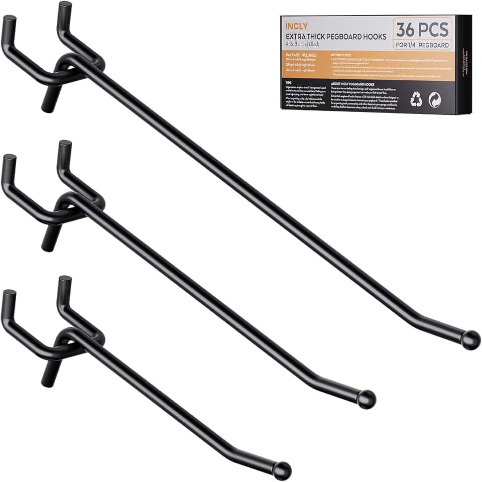 INCLY 36 Pack 4/6/8 Inch Heavy Duty Pegboard Hooks for Hanging Tools