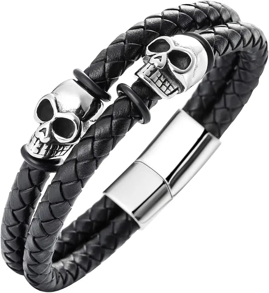 Herren Armband Totenkopf für Mann Männer ,Cool Schwarz Leder Edelstahl Skull Armbänder Mit Magnetverschluss Schmuck für Jugendliche Jungen Junge Jungs kinder Halloween Geburtstag Weihnachten Geschenk