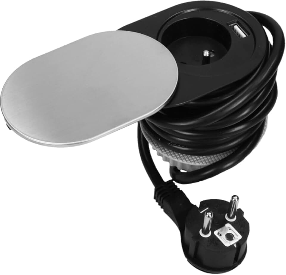 Orno AE-13124 Versenkbare Tischsteckdose mit Schiebedeckel | USB-Ladegerät und 1,9m langes Kabel | Französische Typ| AE-13124