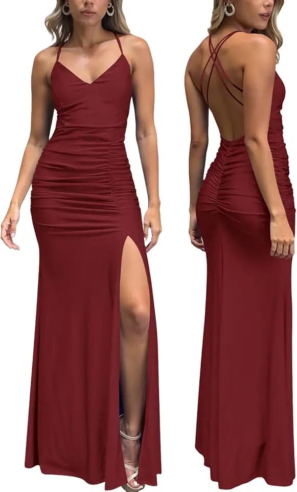 Atizon Women's Cocktail Maxi Dresses 2026 Sexy V Neck Spaghetti Strap Ruched Split Bodycon Formal Wedding Guest Long Dress