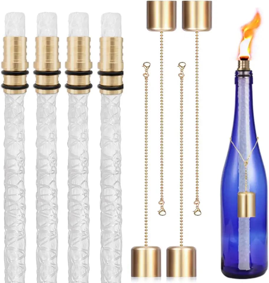 Wine Bottle Torch Kit, Long Life Torch Wicks for Tiki Torch with Brass Torch Wick Holders and Caps - Just Add Bottle for DIY Wine Bottle Outdoor Torch Decor, Pack of 4