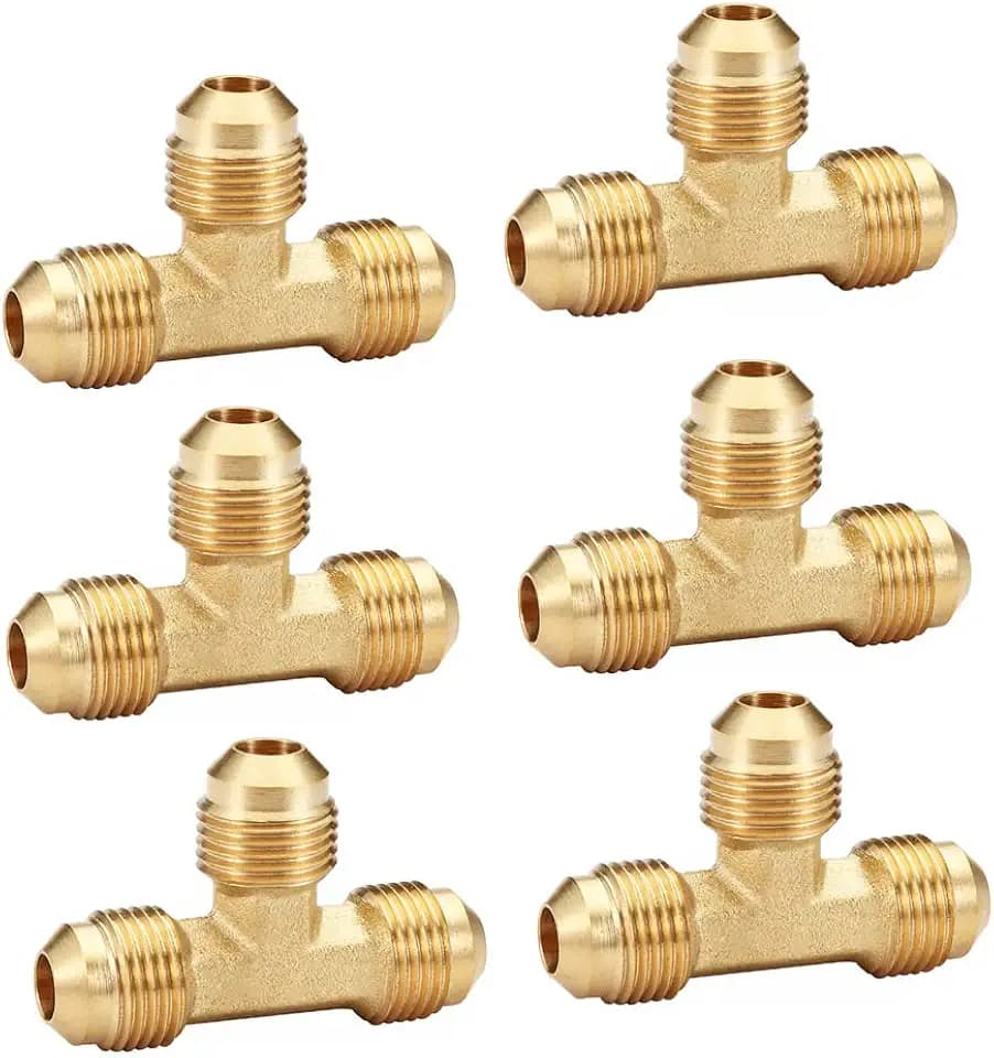 HQMPC Brass Tube Tee Gas Fitting Gas Connector Flare Fitting Brass Tee 1/2"Flare 6Pcs