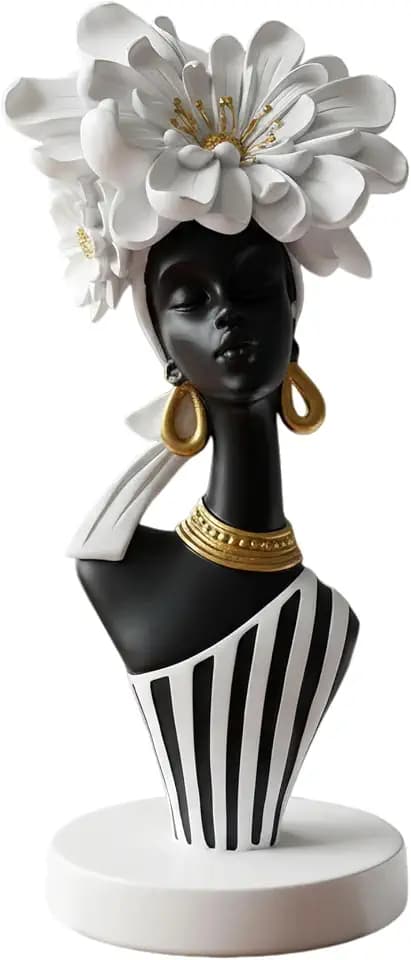 Lescafita African Woman Art Sculpture with White Flower Crown, Black and White Art Statue,Elegant African-Inspired Art Gift Suitable for Various Settings Such as Home, Bookshelves, desks, or Offices