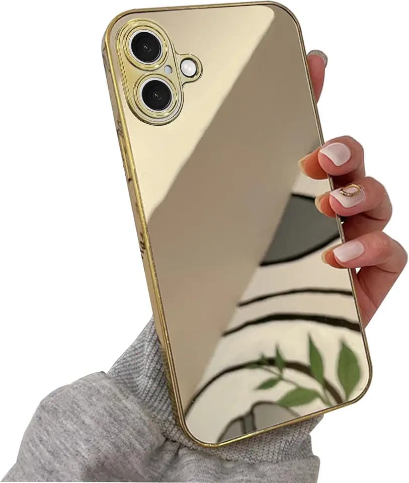 LUVI Compatible with iPhone 16 Mirror Case Makeup Luxury Glossy Glass Electroplate Bumper Slim Ultra Thin Camera Lens Protection-Gold