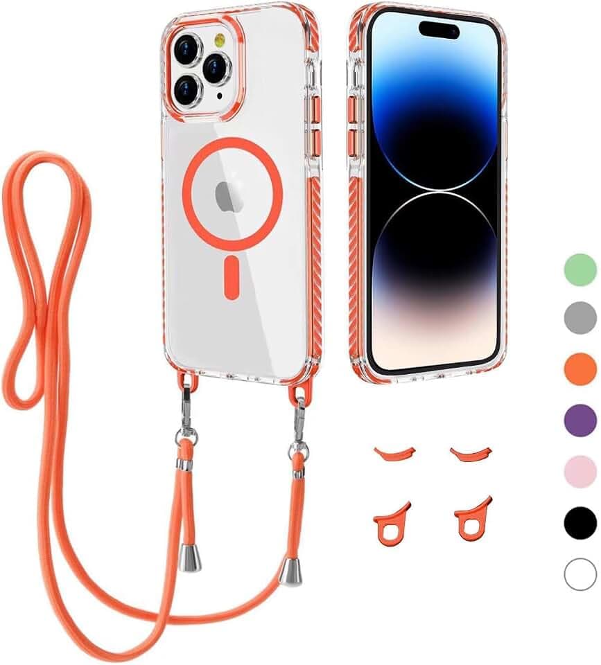 Handykette für iPhone 14 Pro Hülle mit Band, Magnetisch Handyhülle [Kompatibel mit Magsafe] Schlank Transparente Stoßfest Schutzhülle mit Kordel zum Umhängen, Orange
