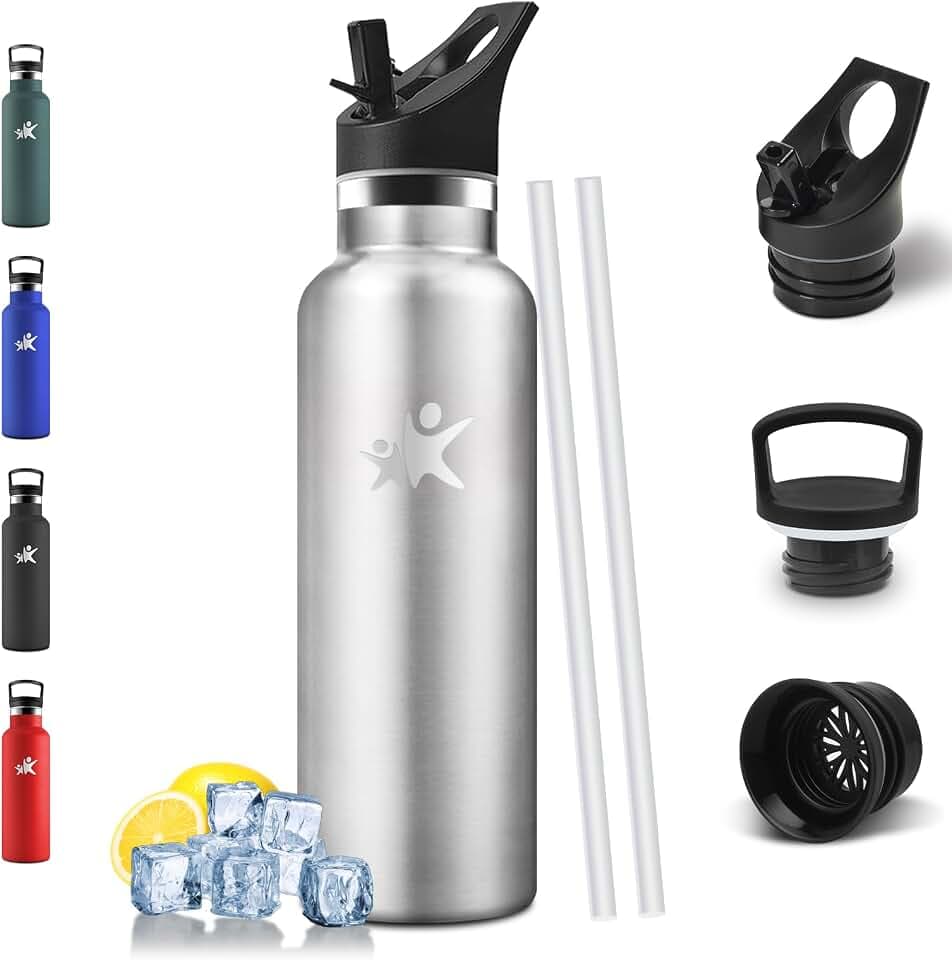 Trinkflasche Kinder 500ML, BPA-Frei, Flasche mit Strohhalm, Auslaufsichere Isolierflasche Doppelwandig, Wasserflasche Edelstahl, Thermosflasche für Schule, Reisen, Joggen - Silber