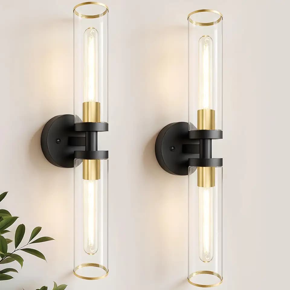 Wall Sconces Set of Two, Black and Gold Bathroom Wall Sconces with Clear Glass,Hardwired Modern Sconces Wall Decor Set of 2 Wall Light for Bathroom Mirror Bedroom Living Room Hallway Vanity