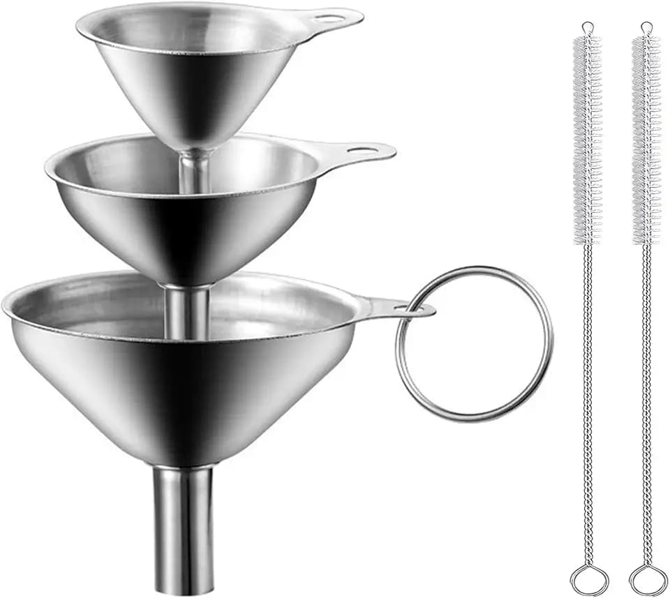 3 Stück Trichter Edelstahl mit 2 Reinigungsbürste,Metall Einfülltrichter Set,Mini Küche Strainer Trichter Kleiner für Übertragen von Flüssigkeit, Kochölen (7.5/5.5/4.5cm)