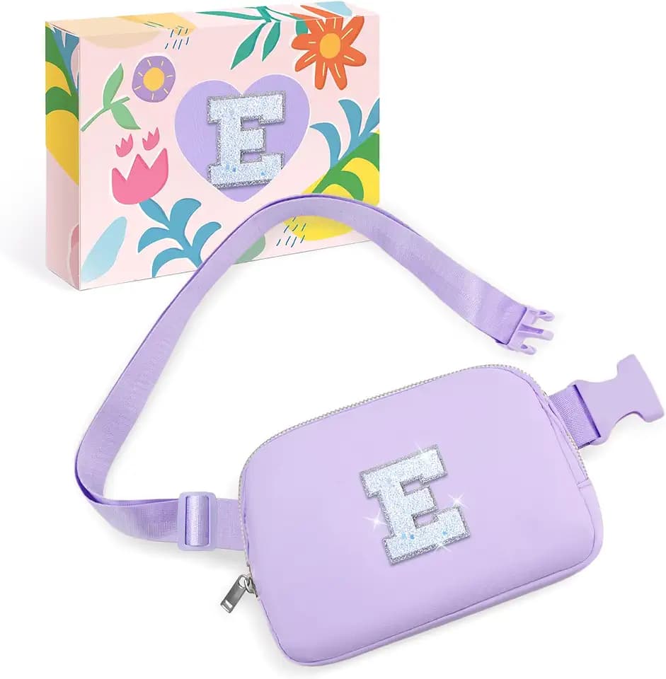 COSHAYSOO Purple Fanny Pack Personalized Flower Girl Gift Dance Recital Cheerleader Cheer Team Baptism Gifts for Girls Age 5-7 6-8 8-10 8-12 Initial Belt Bag Crossbody Purse Girly Monogram Letter E