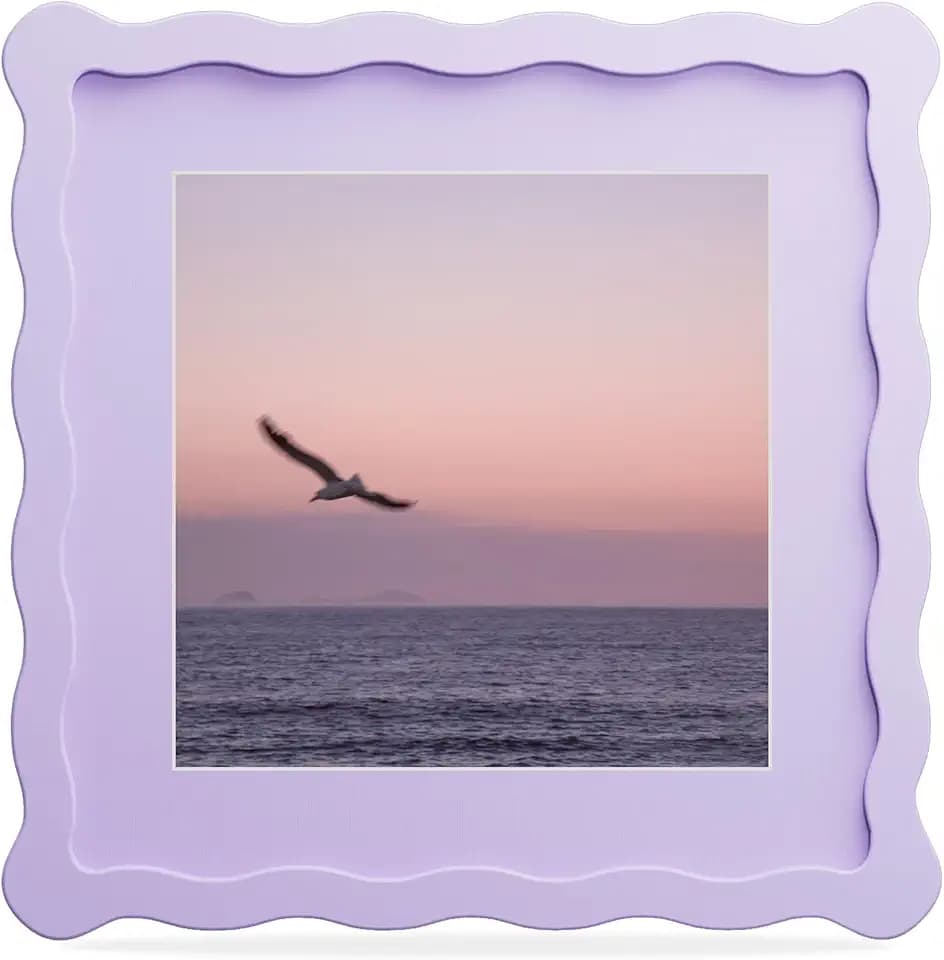 8x8 Picture Frame with Mat for 6x6, Wavy Edge Wooden Real Glass Photo Frame for Tabletop and Wall Hanging, Purple, 1 Pack
