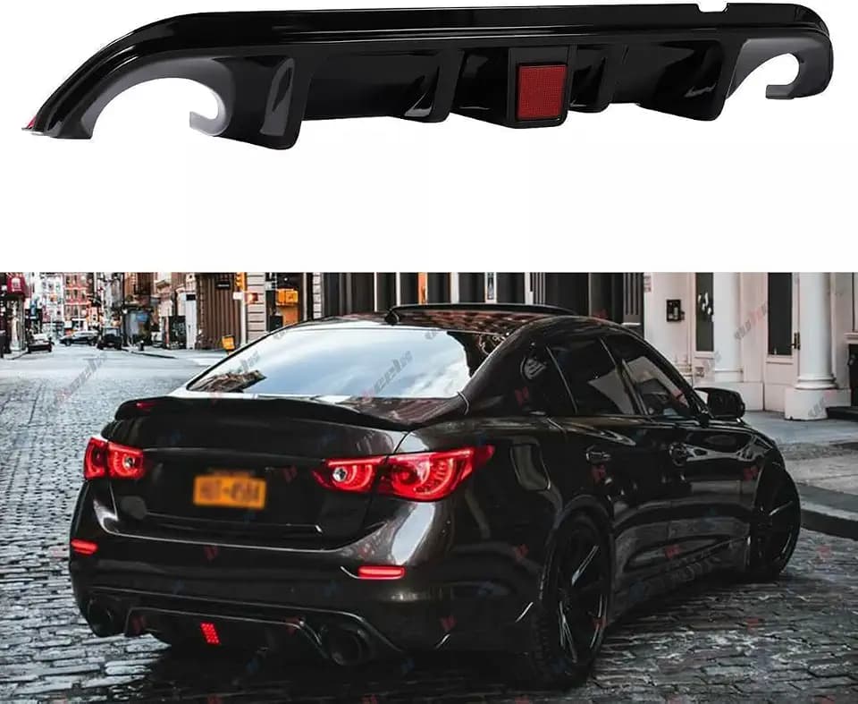 Rear Diffuser Fits 2014-2017 Infiniti Q50, Gloss Black, with Brake Light