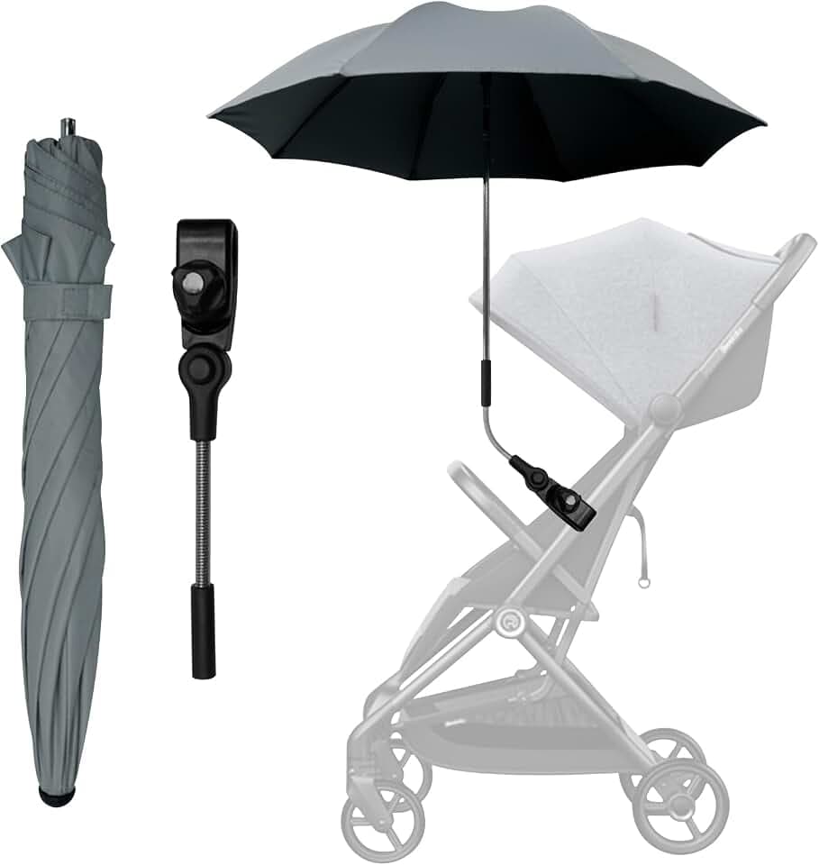 Sonnenschirm für Kinderwagen, kinderwagen Regenschirm 50+ UV mit Regenschirmgriff, 73cm Durchmesser Universal sonnenschirm Buggy kinderwagen-Grau