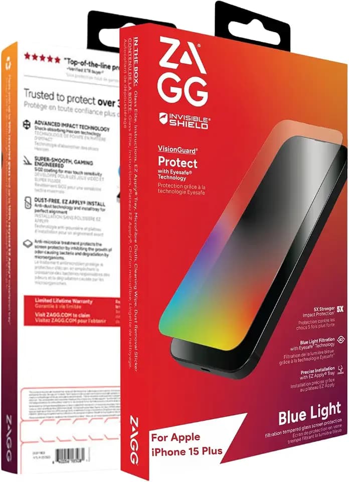 ZAGG InvisibleShield VisionGuard Screen Protector for iPhone 15 Plus/iPhone 16 Plus – Tempered Glass, 5X Stronger, Blue Light Filter, Ultra HD Clarity, Anti-Scratch, Bubble-Free