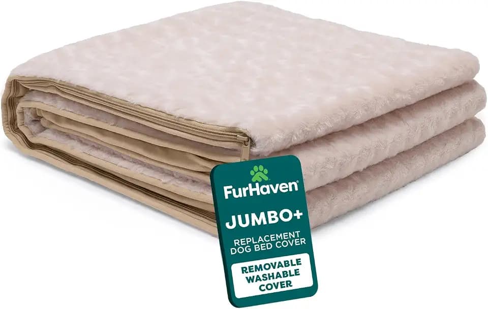 FurHaven Replacement Dog Bed Cover, Contour Luxe Lounger Design, Soft & Breathable Fabric for Cozy Comfort, Machine Washable, Jumbo Plus XXL, Ultra Plush Faux Fur & Suede, Cream