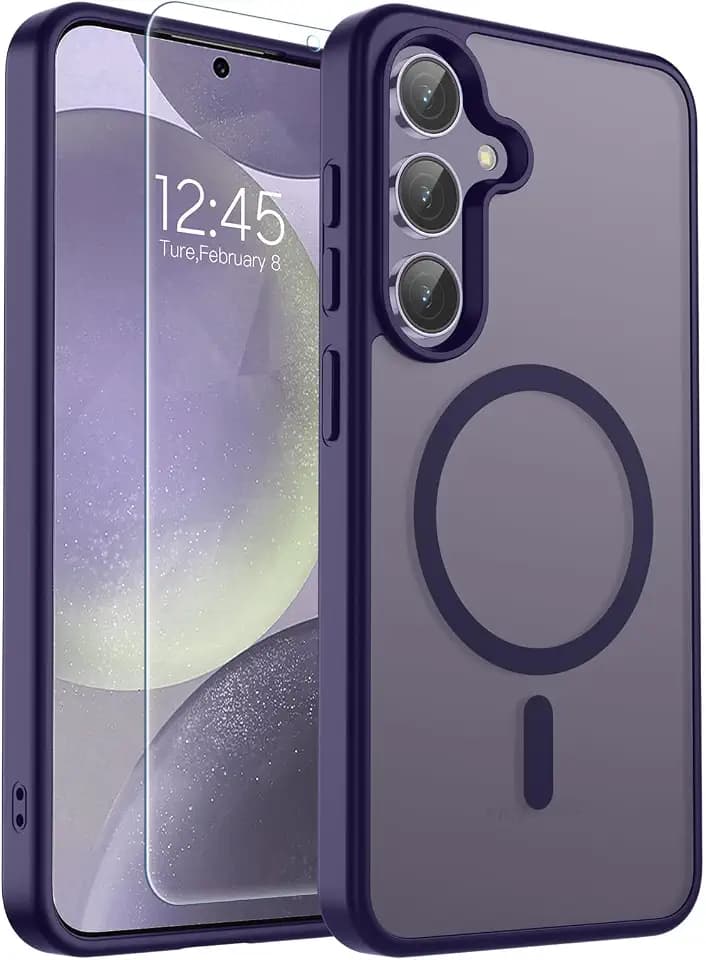SUPFINE Magnetic for Samsung Galaxy S24 Plus Case / S25 Plus Case with Screen Protector, (Built-in Magnets) (Military Grade Drop Protection) Slim Translucent Shockproof Phone Case,Dark Purple