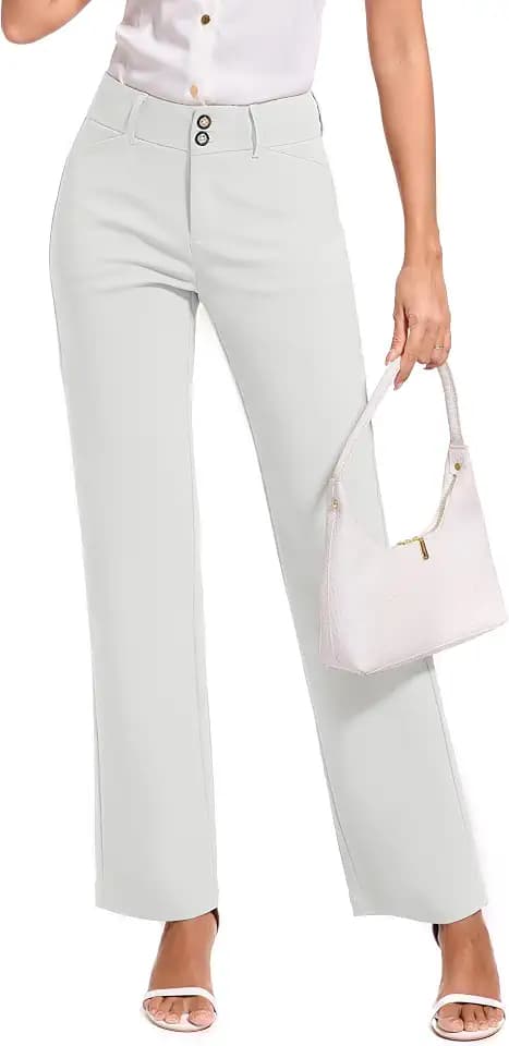 FUNYYZO Women Stretch Business Straight Leg Dress Slacks Pants with Pockets Wear to Work 2026 Casual Suitpants White