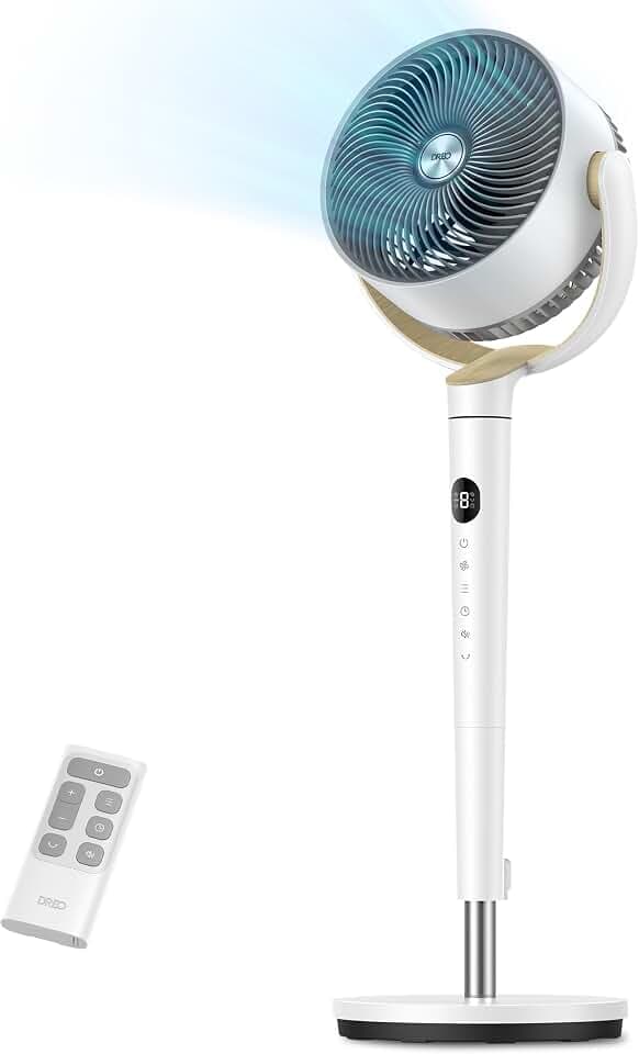 DREO Fan for Bedroom, 120° Oscillating Standing Fan, Quiet Pedestal Fan with DC Motor, 9 Speeds, 4 modes, 120° Manual Vertical, 37-42" Adjustable Height, 9H Timer, White