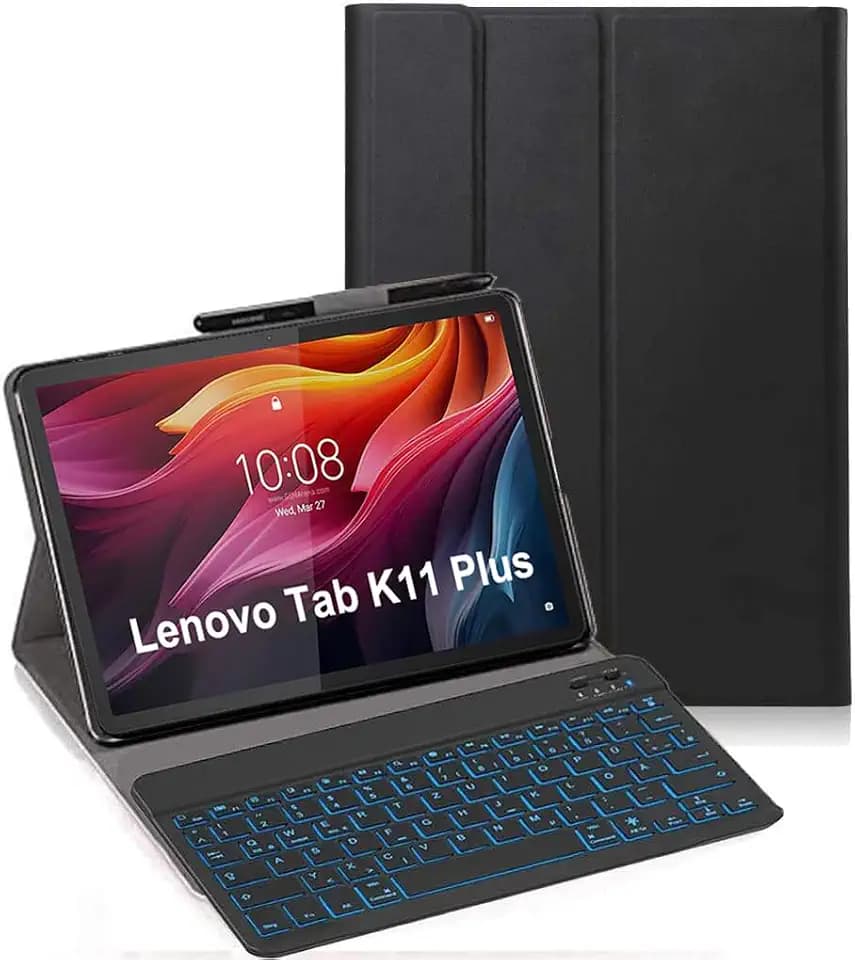 Tastatur Hülle für Lenovo Tab K11 Plus 11,5 Zoll, [Deutsches QWERTZ] Slim Hülle mit 7 Farben Beleuchtung Kabellose Tastatur mit Schützhülle für Lenovo Tab K11 Plus 11,5 Zoll TB352FU, Schwarz