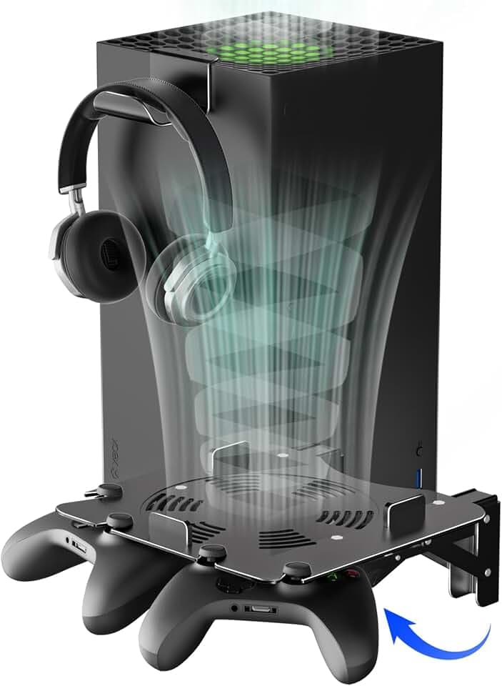 Wandhalterung für Xbox Series X mit Kühlung, faltbare Aluminium-Halterung mit Controller-Aufbewahrung, sichere Basis und einfache Installation (schwarz)