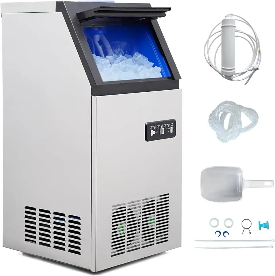 Commercial Ice Maker Machine 130Lbs/24H, Stainless Steel Undercounter & Freestanding Ice Maker with 24Lbs Storage, 2-Way Water Supply - for Bars, Restaurants, Home, Silver