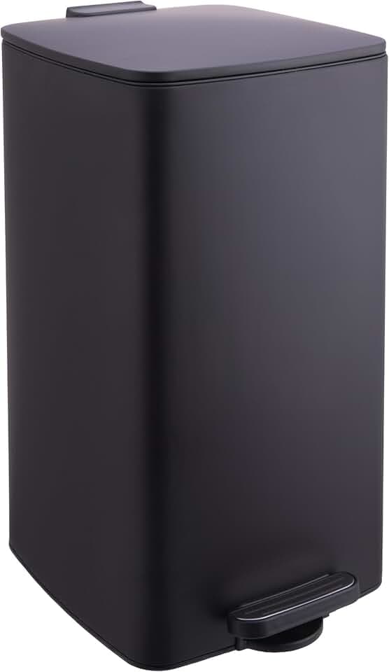 Relaxdays Mülleimer Küche, 30 Liter, Absenkautomatik, entnehmbarer Inneneimer, Mattes Metall, eckiger Treteimer, schwarz